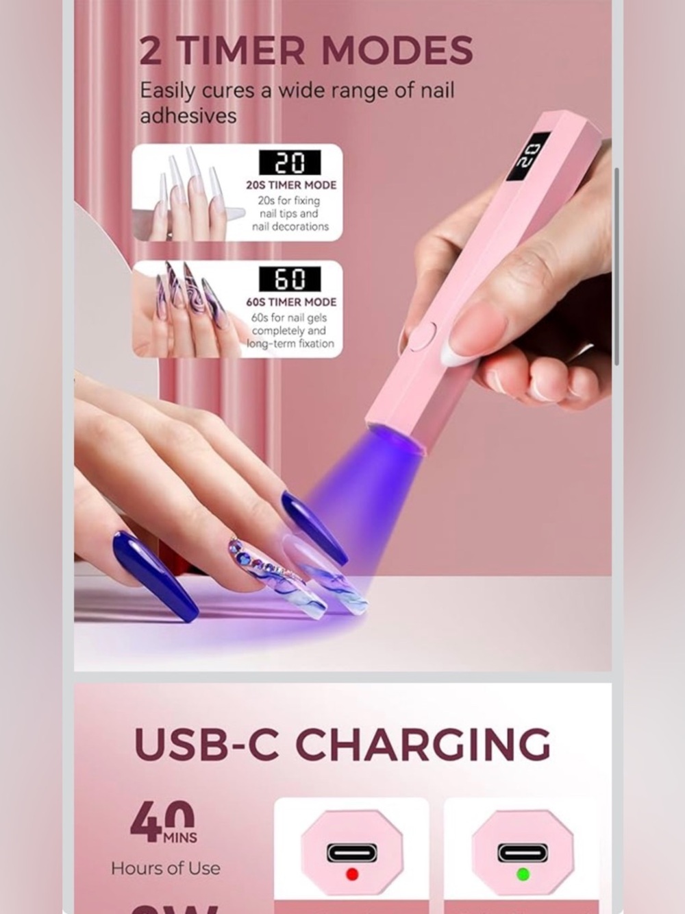Portable Pink UV cure nail light handheld led with Micro-USB Cable